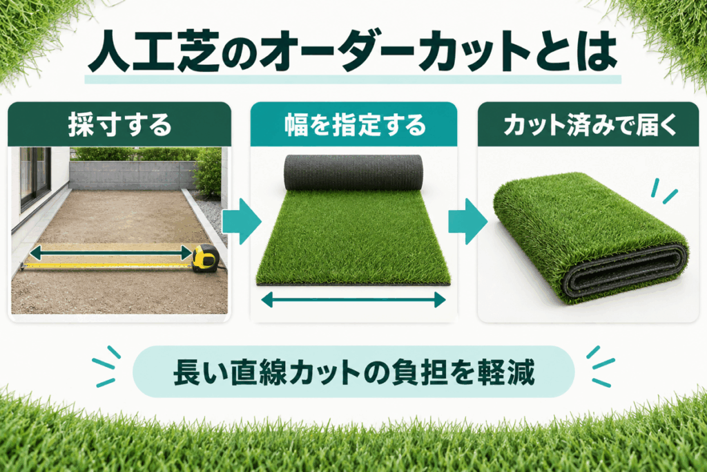 人工芝を採寸し、希望サイズにオーダーカットして設置する流れ