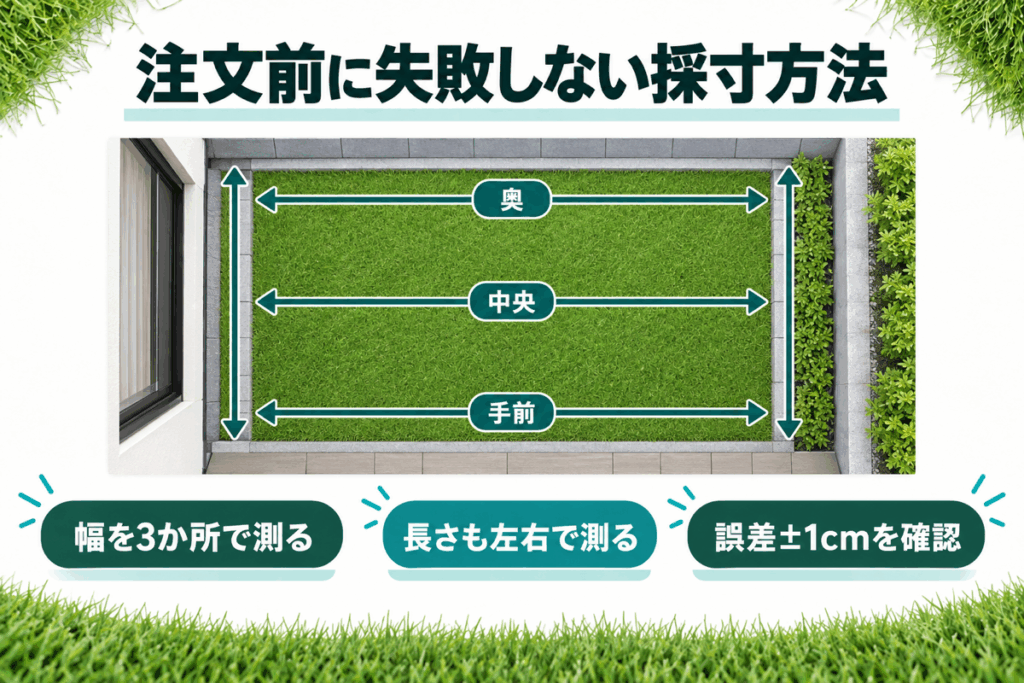 人工芝を注文する前に幅と長さを複数箇所で測る採寸方法